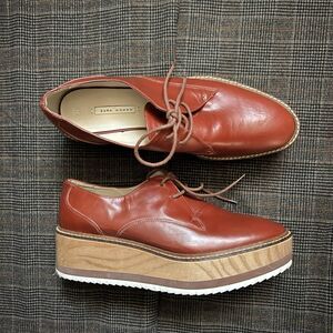 Zara Brick Red Wooden Platform Oxfords 70s Preppy Wedges Size 7.5 EU 38